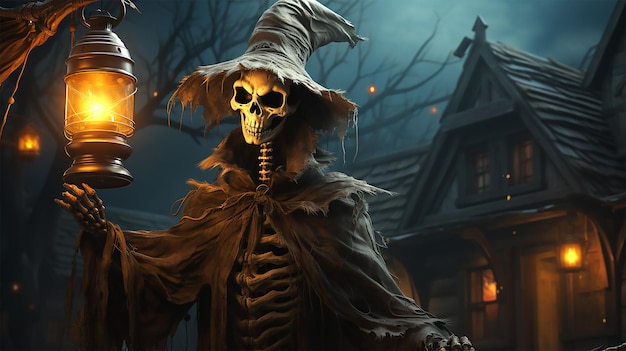 Halloween Skeleton Holding Lantern On Wooden Banner In Spooky Night