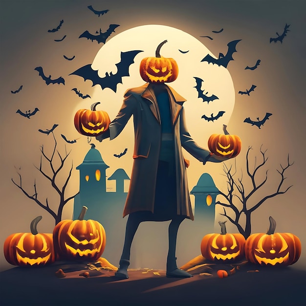 Halloween skeleton holding pumpkins AI generates illustration design template