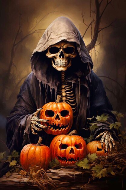 Halloween the skeleton is holding smiling pumpkins generative ai