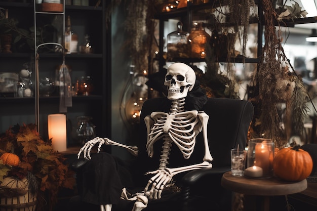 Halloween skeleton posed in a spooky manner Generative AI