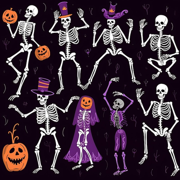 Halloween Skeleton Pumpkin Watercolor Clipart drawing on white background Happy Halloween Skeletons