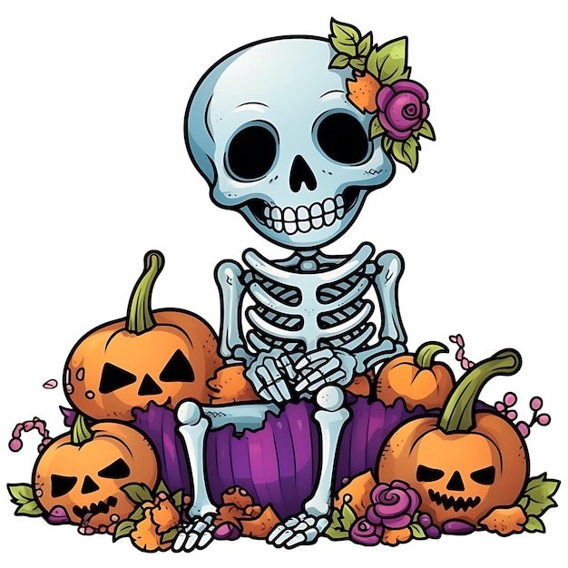 Photo halloween skeleton pumpkin watercolor clipart drawing on white background happy halloween skeletons