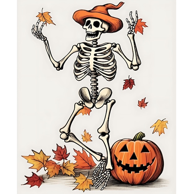 Photo halloween skeleton pumpkin watercolor clipart drawing on white background happy halloween skeletons