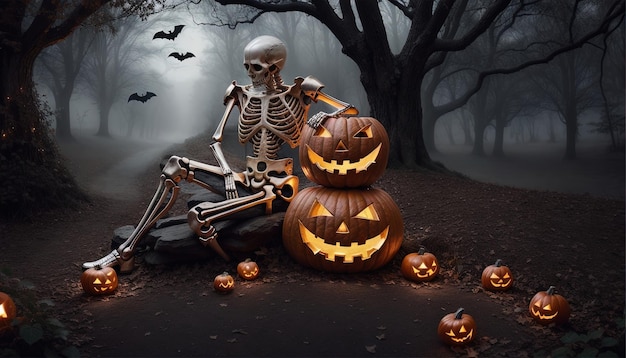 Хэллоуинский скелет, сидящий рядом с тыквой.