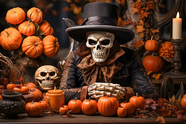 Halloween skeleton surrounded by autumn leaves and pumpkins
