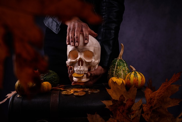 Halloween skull on hands