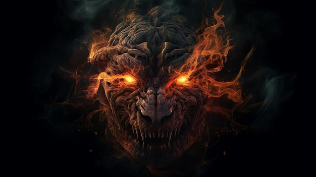 Halloween skull with fire and smoke on black backgroundgenerative ai