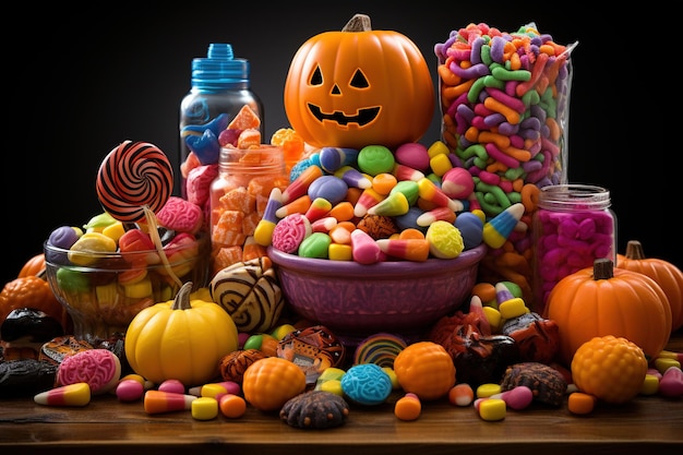 Halloween snoepjes en snoepjes op donkere achtergrond