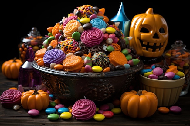Halloween snoepjes en snoepjes op donkere achtergrond