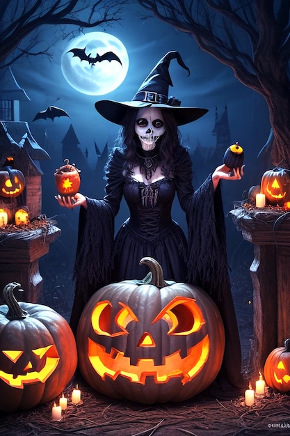 Halloween The souls of the dead returned to their homes Pumpkins witches skeletons sorceresses spiri