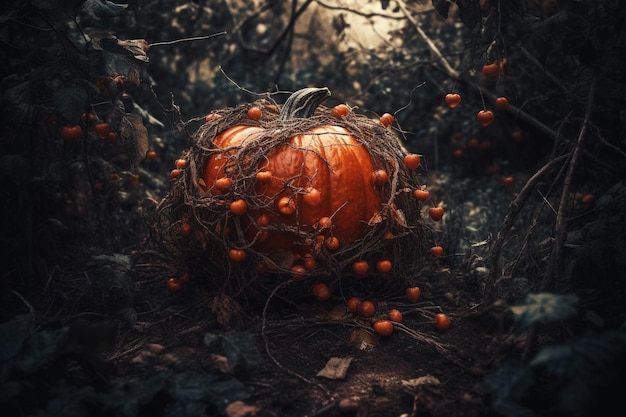 Halloween The souls of the dead returned to their homes Pumpkins witches skeletons sorceresses spirits of the dead dark night candies scary candles Generative AI