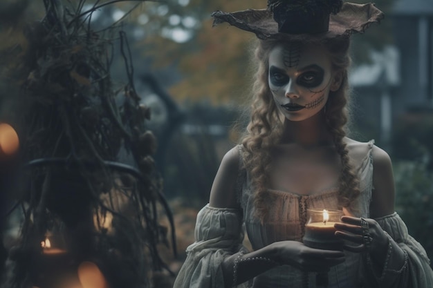 Хэллоуин Души умерших вернулись в свои дома Тыквы ведьмы скелеты волшебницы духи мертвых темная ночь конфеты страшные свечи Генеративный ИИ