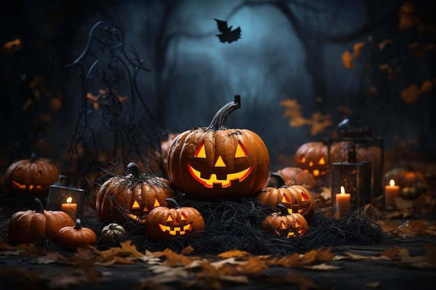 Хэллоуин Души умерших вернулись в свои дома Тыквы ведьмы скелеты волшебницы духи мертвых темная ночь конфеты страшные свечи