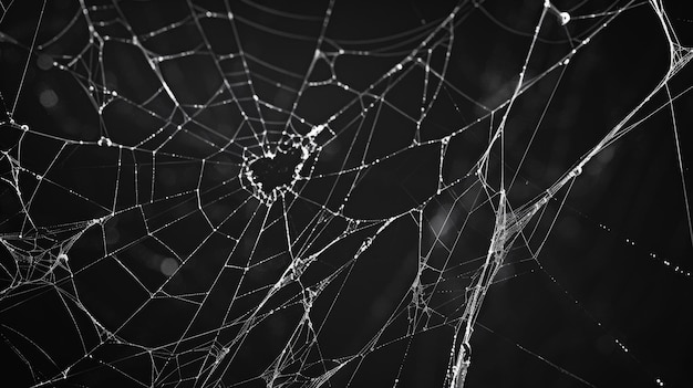 Halloween spider web background modern with black backdrop Scary ghostly cobweb net texture on black background with thin sticky thread line Arachnid trap