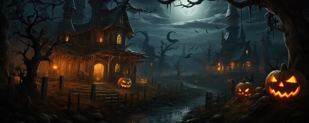 Halloween spookachtig huis met vleermuizen en maan