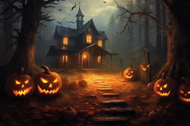Halloween spookachtig pad naar oud spookhuis pompoenen en angstaanjagende bomen