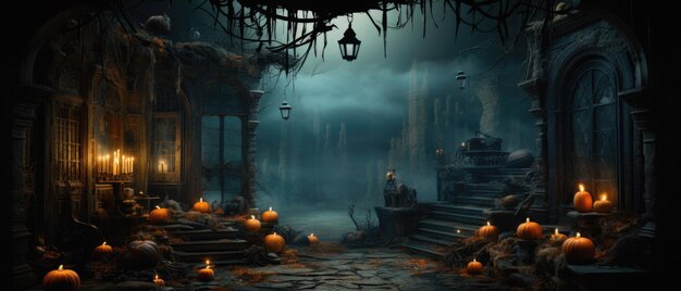 Halloween spookachtige achtergrond angstaanjagende pompoenen in griezelig horror spookkasteel