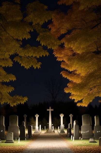 Foto halloween spookachtige nacht begraafplaats scène met vleermuizen en maan achtergrond