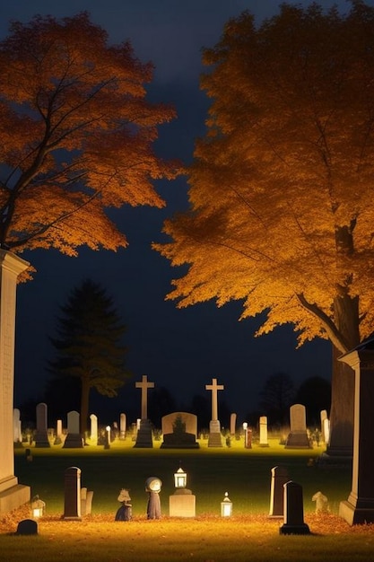 Halloween spookachtige nacht begraafplaats scène met vleermuizen en maan achtergrond
