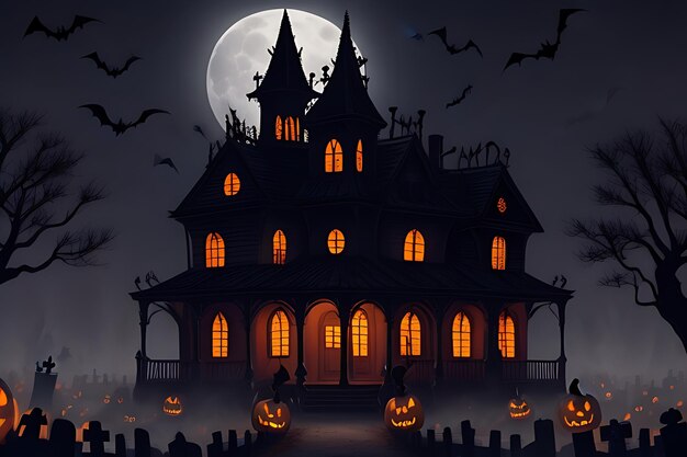 Halloween spookhuis achtergrond in plat ontwerp