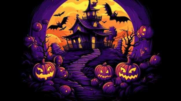 Halloween Spookhuis Grafisch T-shirt met Pompoenhoofden en Violette Achtergrond