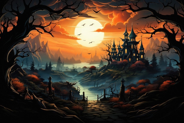 Halloween spooky background scary jack o lantern pumpkins creepy forest castle