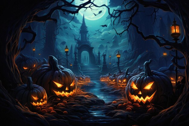 Halloween spooky background scary jack o lantern pumpkins creepy forest castle