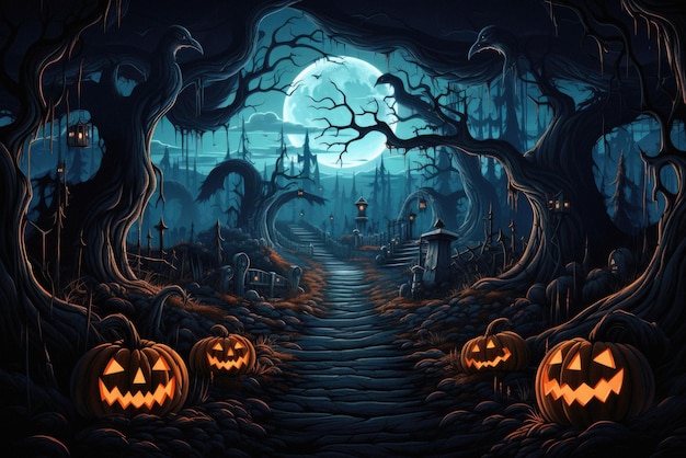 Halloween spooky background scary jack o lantern pumpkins in creepy forest