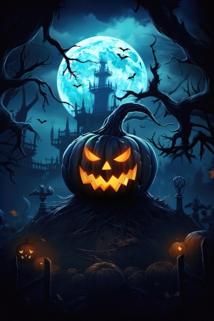 Halloween spooky background scary jack o lantern pumpkins in creepy forest