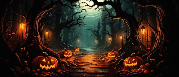 Halloween spooky background scary jack o lantern pumpkins in creepy forest