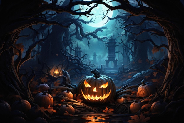 Halloween spooky background scary jack o lantern pumpkins in creepy forest