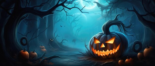 Halloween spooky background scary jack o lantern pumpkins in creepy forest