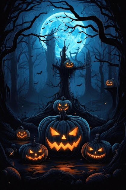 Halloween spooky background scary jack o lantern pumpkins in creepy forest