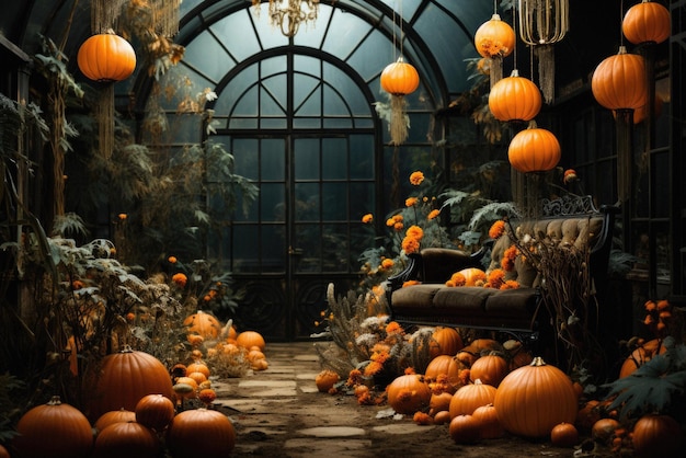 halloween spooky background scary pumpkins in creepy horror ghost castle