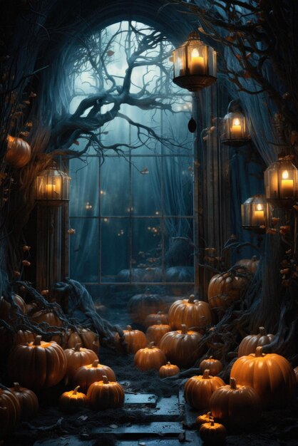 halloween spooky background scary pumpkins in creepy horror ghost castle