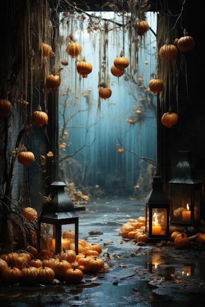 Halloween spooky background scary pumpkins in creepy horror ghost castle