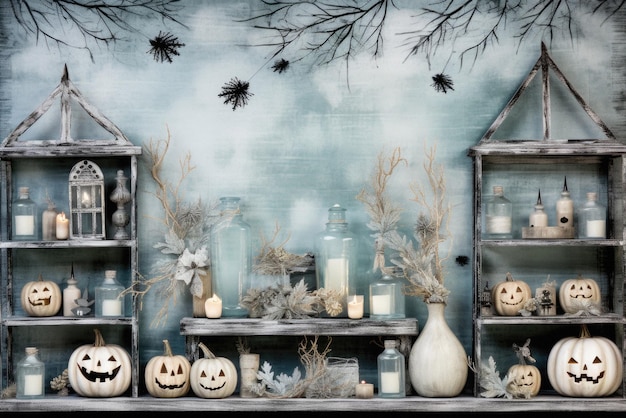 Halloween spooky background scary pumpkins in creepy horror ghost castle