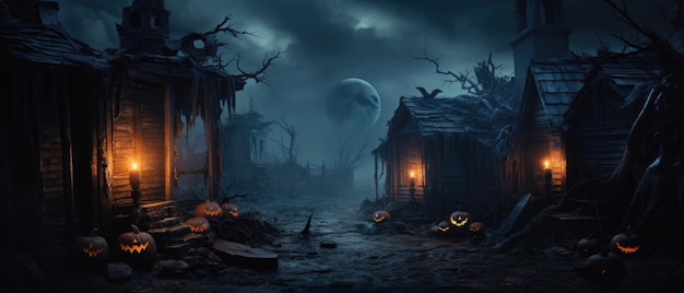 Halloween spooky background scary pumpkins in creepy horror ghost castle