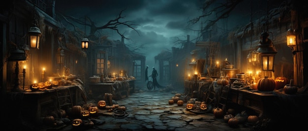 Halloween spooky background scary pumpkins in creepy horror ghost castle