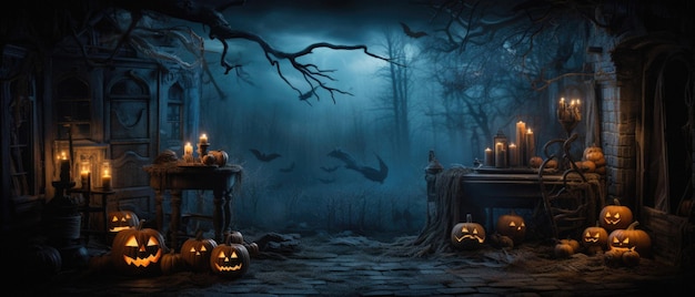 Halloween spooky background scary pumpkins in creepy horror ghost castle