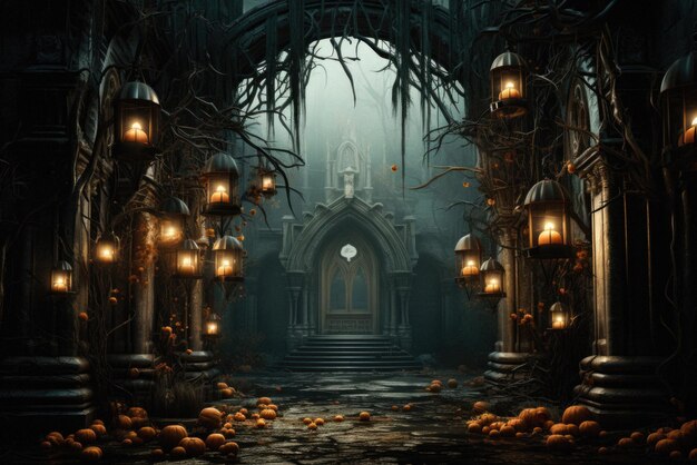 Halloween spooky background scary pumpkins in creepy horror ghost castle