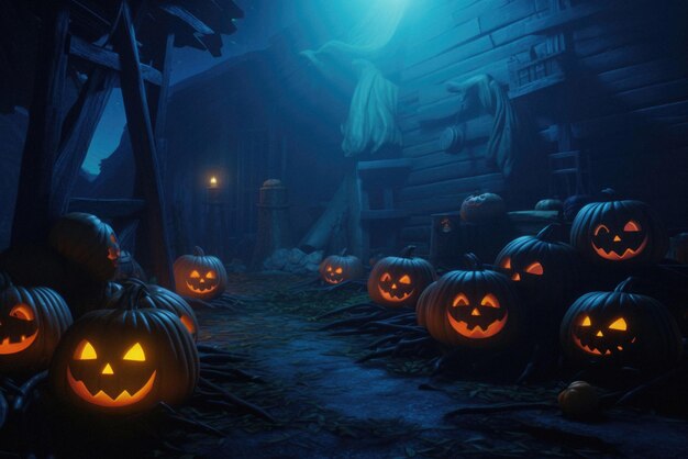 Halloween spooky background scary pumpkins in creepy horror ghost house room