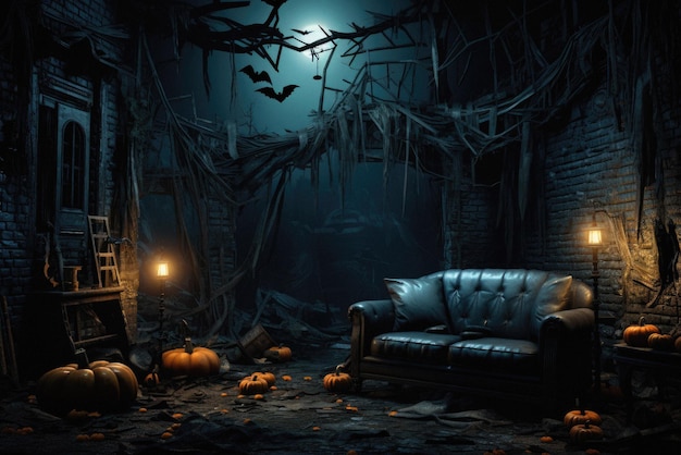 Halloween spooky background scary pumpkins in creepy horror ghost house room