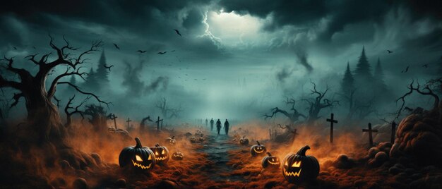 Halloween spooky background scary pumpkins in creepy horror ghost house room