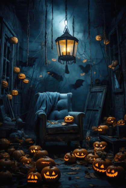 Halloween spooky background scary pumpkins in creepy horror ghost house room