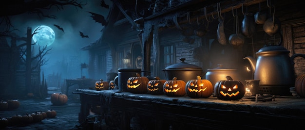 Halloween spooky background scary pumpkins in creepy horror ghost house room