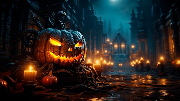 Photo halloween spooky background scary pumpkins on street road generative ai