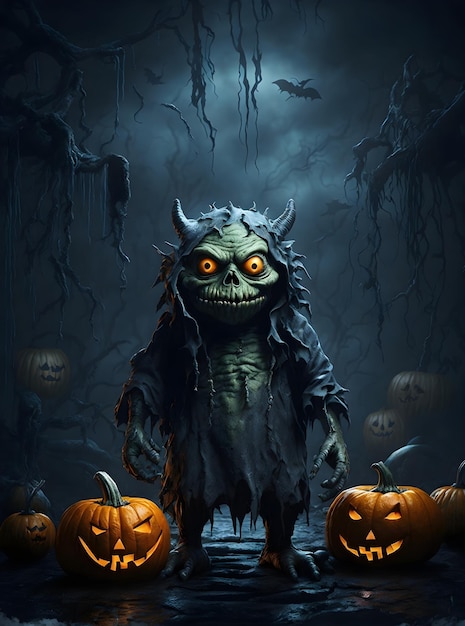 Photo halloween spooky monster strange creatures poster background with staring eyes