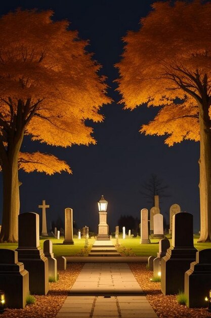 Photo halloween spooky night graveyard scene with bats and moon background