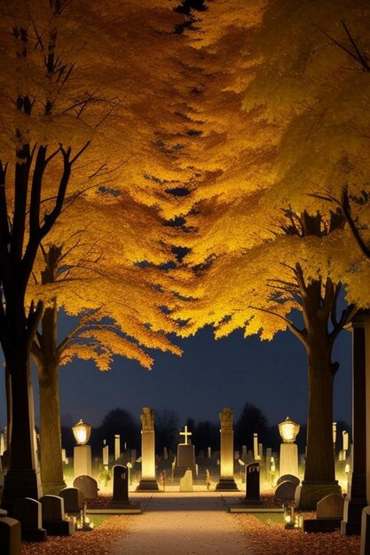 Photo halloween spooky night graveyard scene with bats and moon background